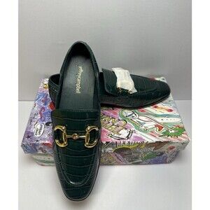 Jeffrey Campbell Velviteen Croc Embossed Loafers Dusty Green Gold Bit Women’s 7